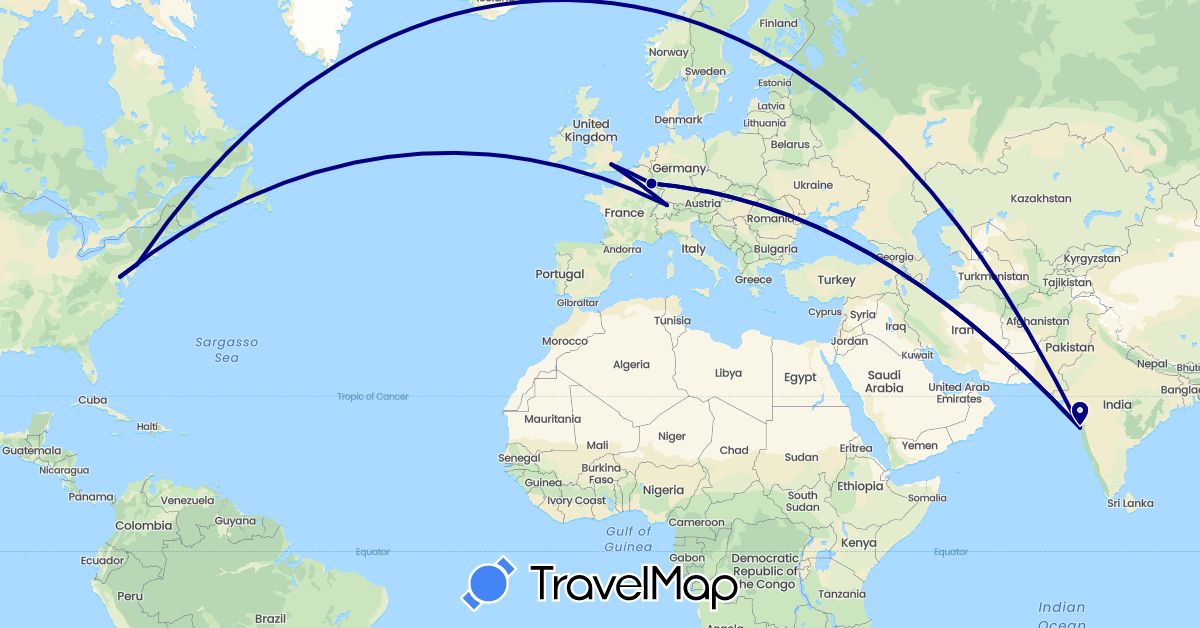 TravelMap itinerary: driving in Switzerland, United Kingdom, India, Luxembourg, United States (Asia, Europe, North America)